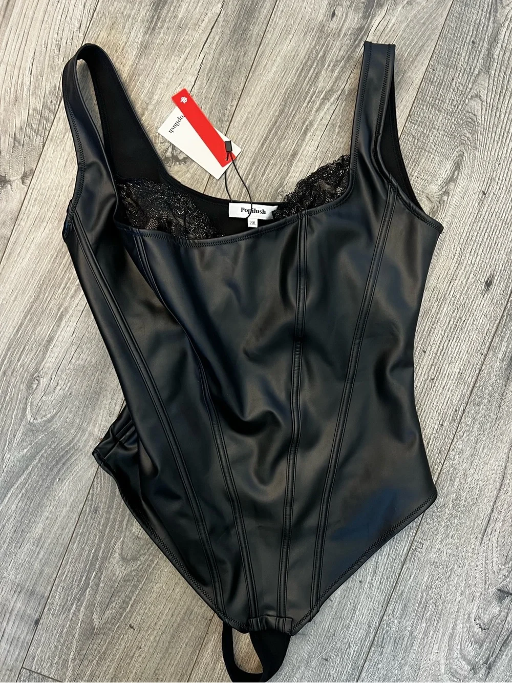 NWT Popilush Black Shapewear Faux Leather Lace Balconette Sculpting Bodysuit- 2X